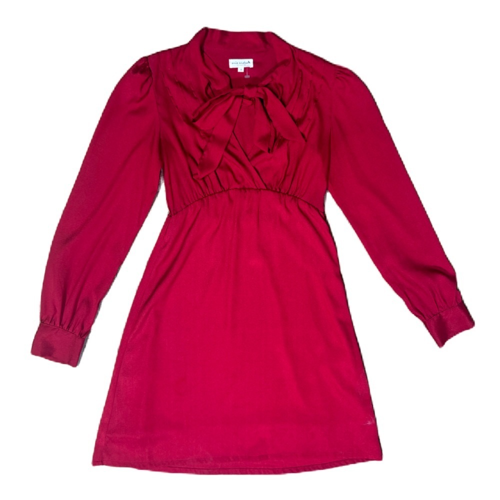 Mia Melon Red Long Sleeve Dress Ties Up at Neck Ruffle Shoulders Size Small $26